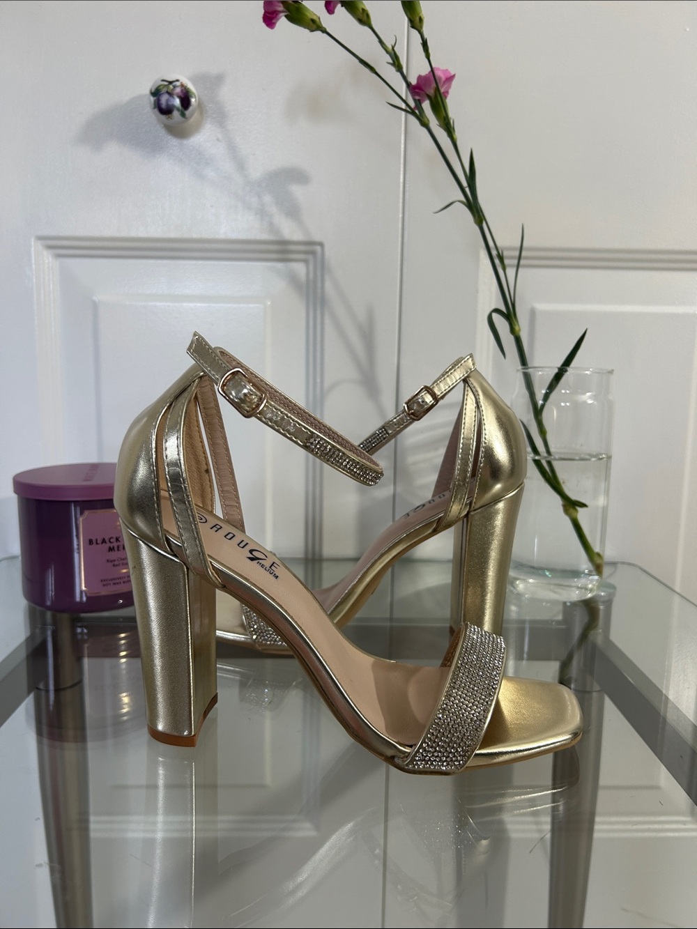 Rogue Gold Rhinestone Block Heel Sandals